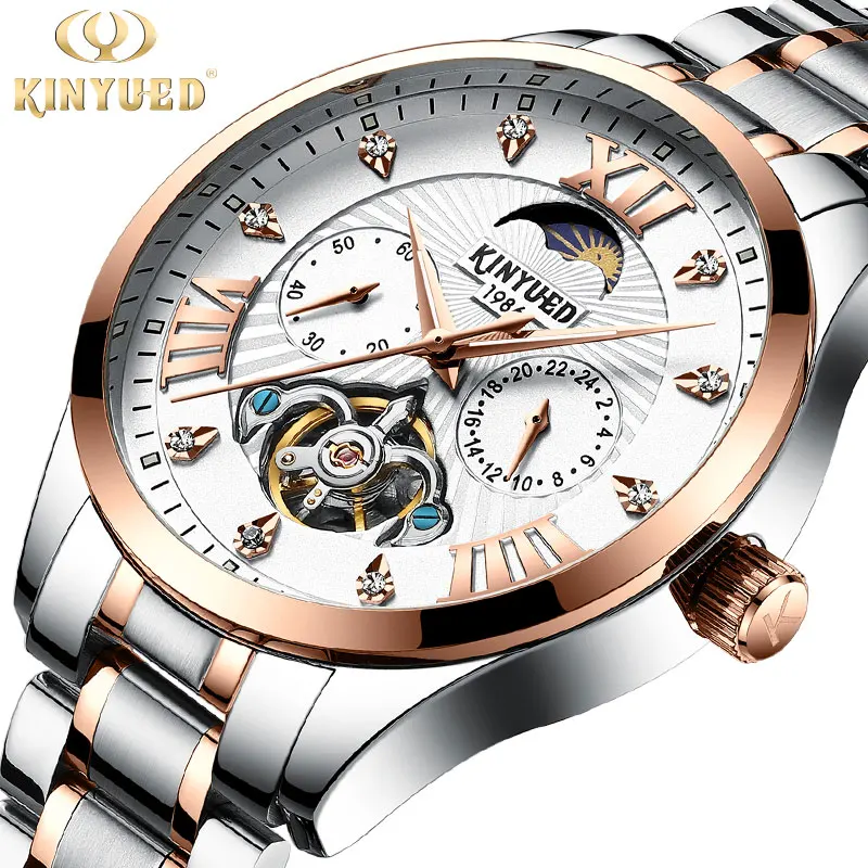 KINYUED новые модные роскошные бизнес автоматические мужские часы из нержавеющей стали водонепроницаемые Moon Phase механические часы мужские наручные - Цвет: Steel Gold White