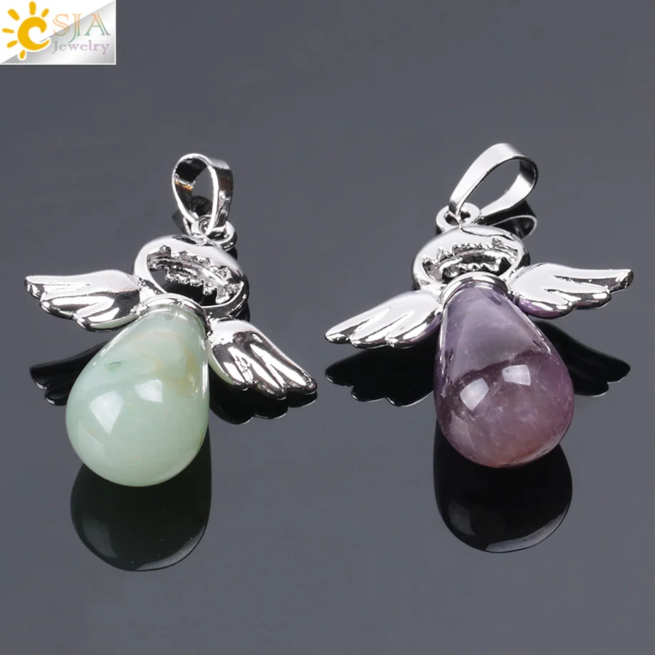 CSJA Natural Gem Stones Angels ciondolo per collana quarzo rosa avventurina pendenti argento-colore goccia d'acqua gioielli femminili E949