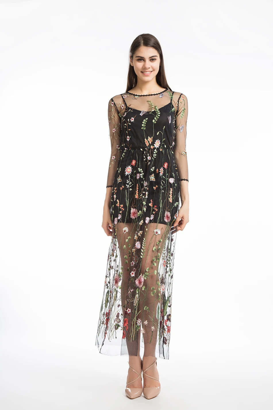 LERFEY Women Embroidery Flower Casual Dress Summer Two Piece Mesh Maxi Dress Black Dresses Long Sexy Dress Clothing Vestidos 14