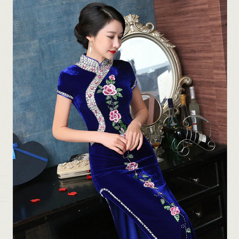Высокое качество бархатное винтажное платье Ципао длинное Ципао с вышивкой для женщин традиционные китайские Вечерние платья Vestido Восточный - Цвет: blue