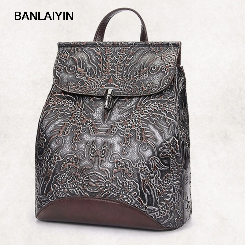 

Women Vintage Top Quality Genuine Leather Cowhide Embossed Hand Bag Back Pack Clutch Bag Student Travel Package