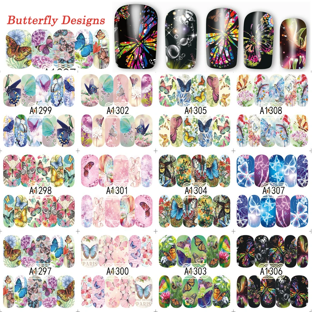 

12 Designs/Lot Butterfly Deep Nail Art Full Sticker Decals Fashion 2017 Water Transfer Nail Decals Nail Art Tattoos TRA1297-1308