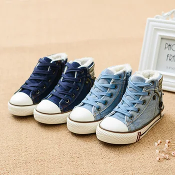 

Winter Children Canvas Shoes Kids Sneakers Fashion Cotton-padded Boys Girls Denim Flats Side Zipper Plush Velvet Boots