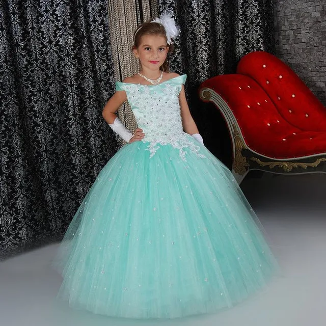Cheap Elegant Princess Dress Mint Off Shoulder Cap Sequins Bead Lace Up Ruffle Organza Little Girl Glitz Pageant Tulle Ball Gowns 2016