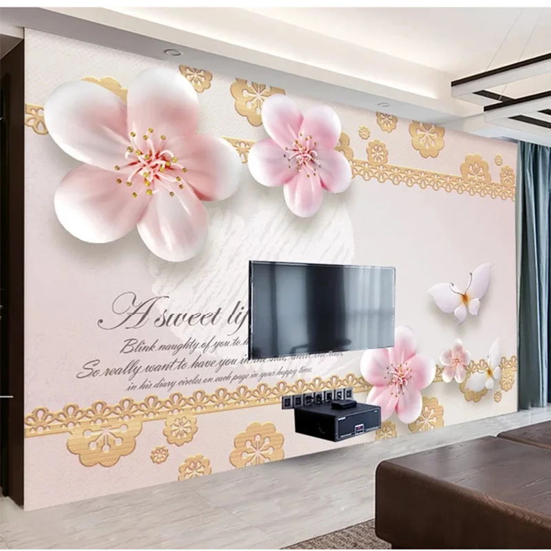 

Custom 3D Fabric Textile Wallcoverings For Walls Matt Silk For Living Room TV Background Murals European Flower With Diamond