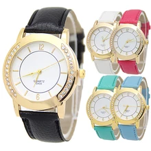 De Las nuevas Mujeres Señora Rhinestone Redondo Vestido Reloj Correa de Cuero De Imitación de Oro Caso 181 G6TN C2K5W