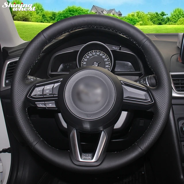 Shining wheat Hand stitched Black Leather Steering Wheel Cover for