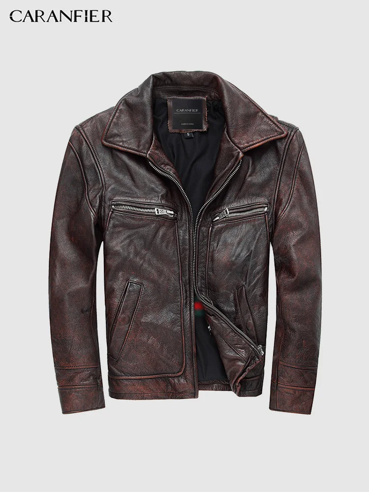 

CARANFIER Mens Jackets Genuine Cowhide Leather Casual Slim Fit Coats Harley Motorcycles Stand Collar Outerwear Bomber Overcoats