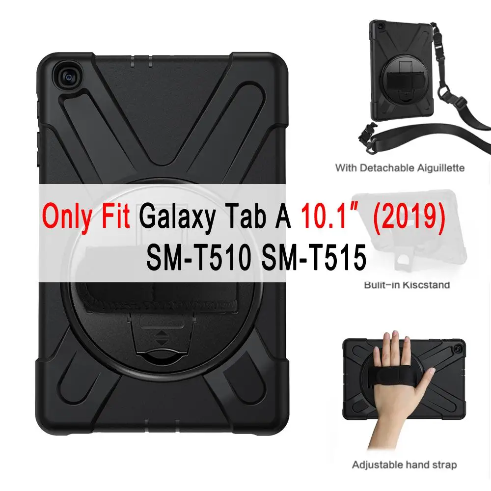 Чехол для samsung Galaxy Tab A 10,1 чехол T510 T515 SM-T510 SM-T515 360 Вращающийся на руку плечевой ремень+ Защитная пленка для экрана - Цвет: Черный