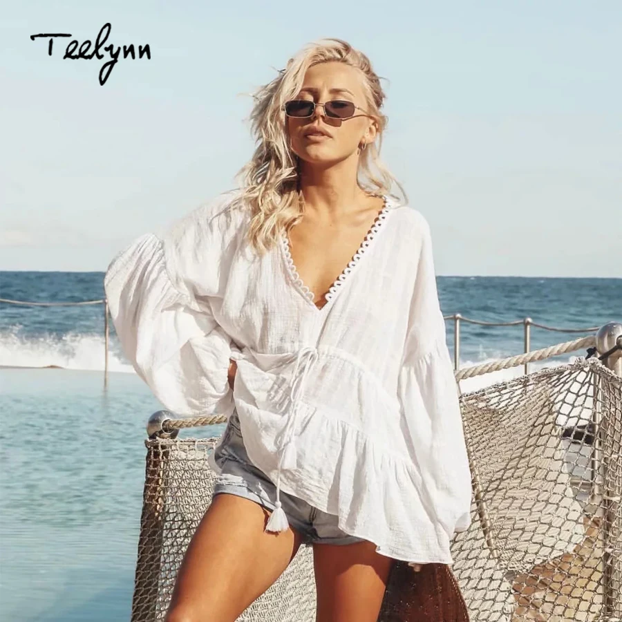 TEELYNN Loos Boho блузка белая однотонная Сексуальная С v образным вырезом пышная с