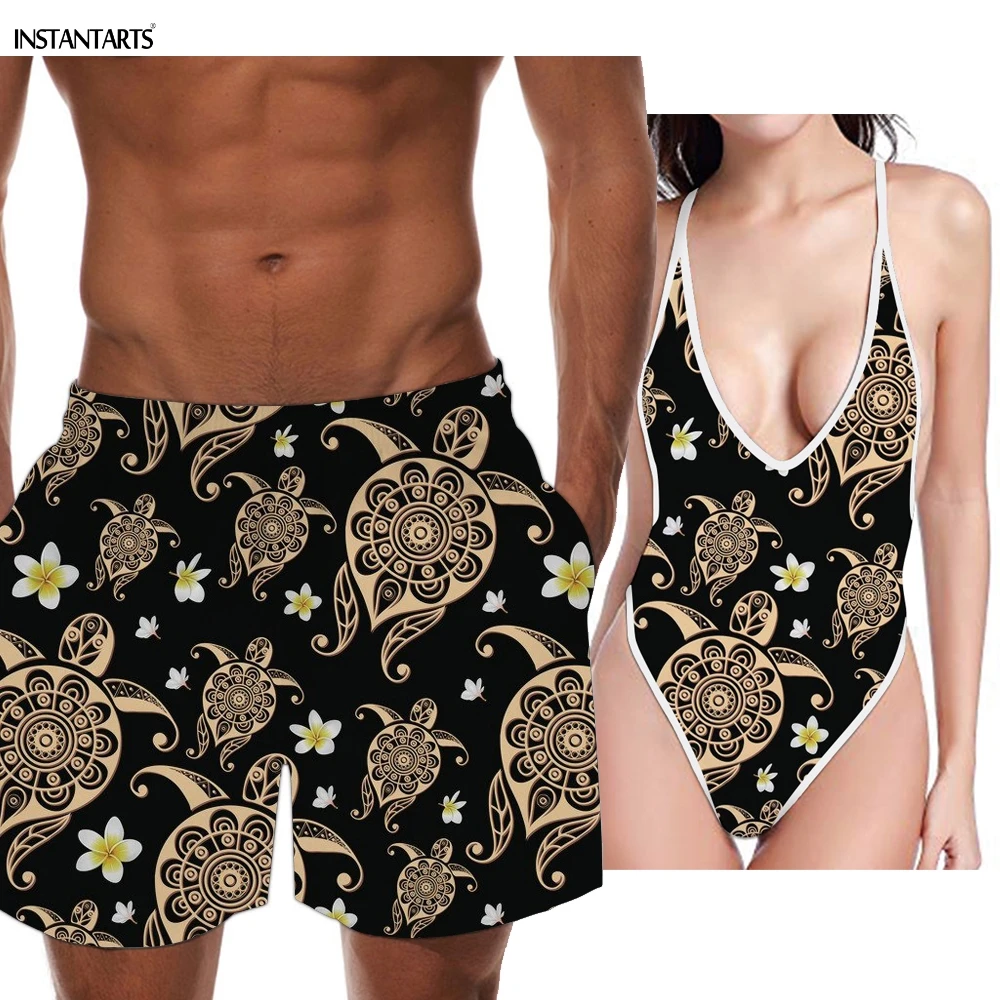 

INSTANTARTS 2019 New Couple Swimsuits Turtle Polynesian Tribal Hawaiian Pattern Woman Deep V Monokini Men Trunks Lovers Swimwear