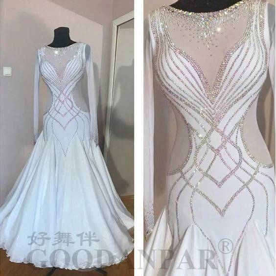 

GOODANPAR Long Sleeve Sexy Pattern Standard Lycra Ballroom Dance Dress Women Ladies Modern Waltz Costume Competition Dancewear