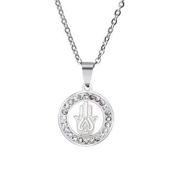 

Wholesale Stainless Steel Luck Hand Of Fatima Hamsa Necklace For Women Geometric Round Crystal Pendant Necklace Custom Jewelery