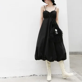 

French girl 2019 dark wind with chest pad folds bubble lantern Sling Ball gown Party dress Sexy holiday dress