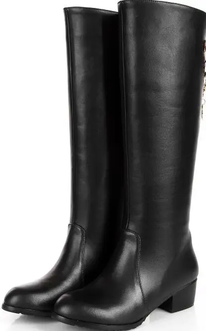 Женские зимние сапоги до колена из натуральной кожи на низком каблуке с круглым носком и цепочками; большие размеры 33-45; SXQ1007 - Цвет: Черный