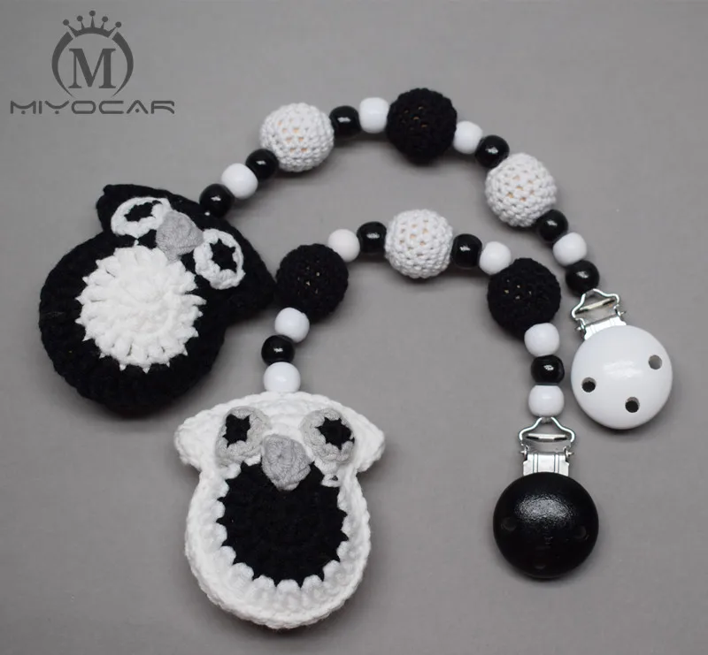 

MIYOCAR handmade wood clip black white Crochet owl stroller toy chain for pram stroller mobile rattle wooden bead crochet