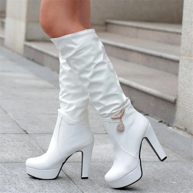 Promotion winter Minimalism High cylinder boots High-heeled Waterproof Korean Edition fashion white Women Boots plus size 34-43 - Цвет: 6plush