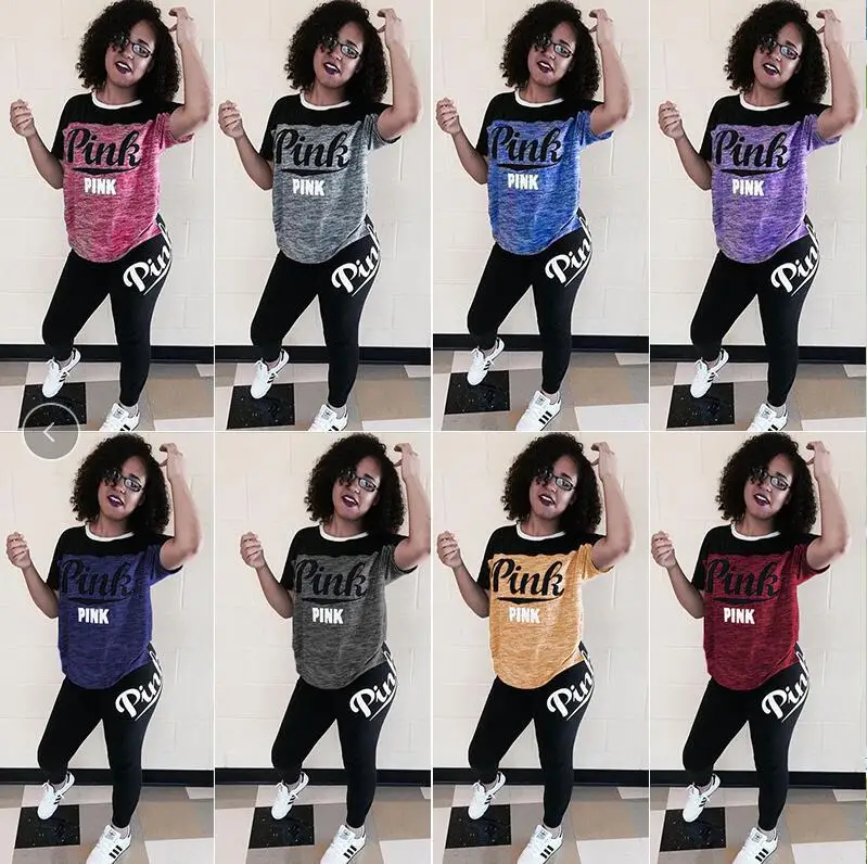 2Pcs Womens Clothing Pink Outfit Print Short Sleeve T-shirt Top And Long Pants Two Piece Set Tracksuit Women Pink Sweatsuit Women's Sets