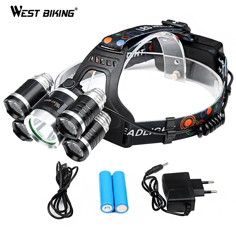 Perfect WEST BIKING Bike 5LED Headlamp Super Bright Gold Zoomable 4Modes Waterpoof T6 Cycling Head Light USB Recharge Bicycle Head Torch 4