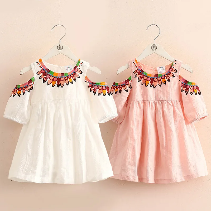 

2018 Cute 2-10Years Old Children Cotton White Print Wrap Off Shoulder Princess Strapless Kids Baby Girls Dress 2018 Summer