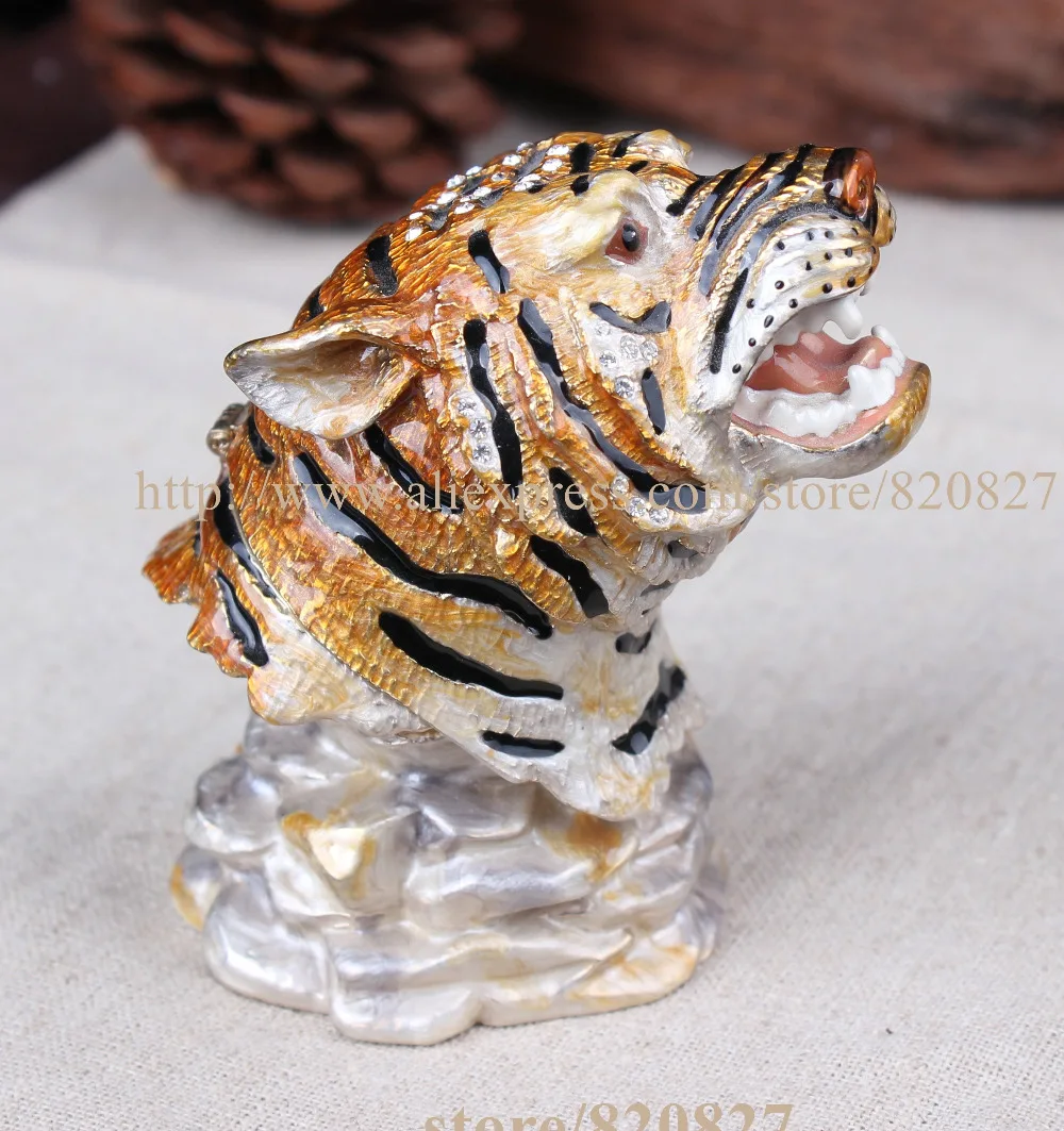 Collection Metal Tiger Head Sculpture Figurine Tiger head Rhinestone Trinket Gift Box Wild Tiger Jeweled Pewter Trinket Box