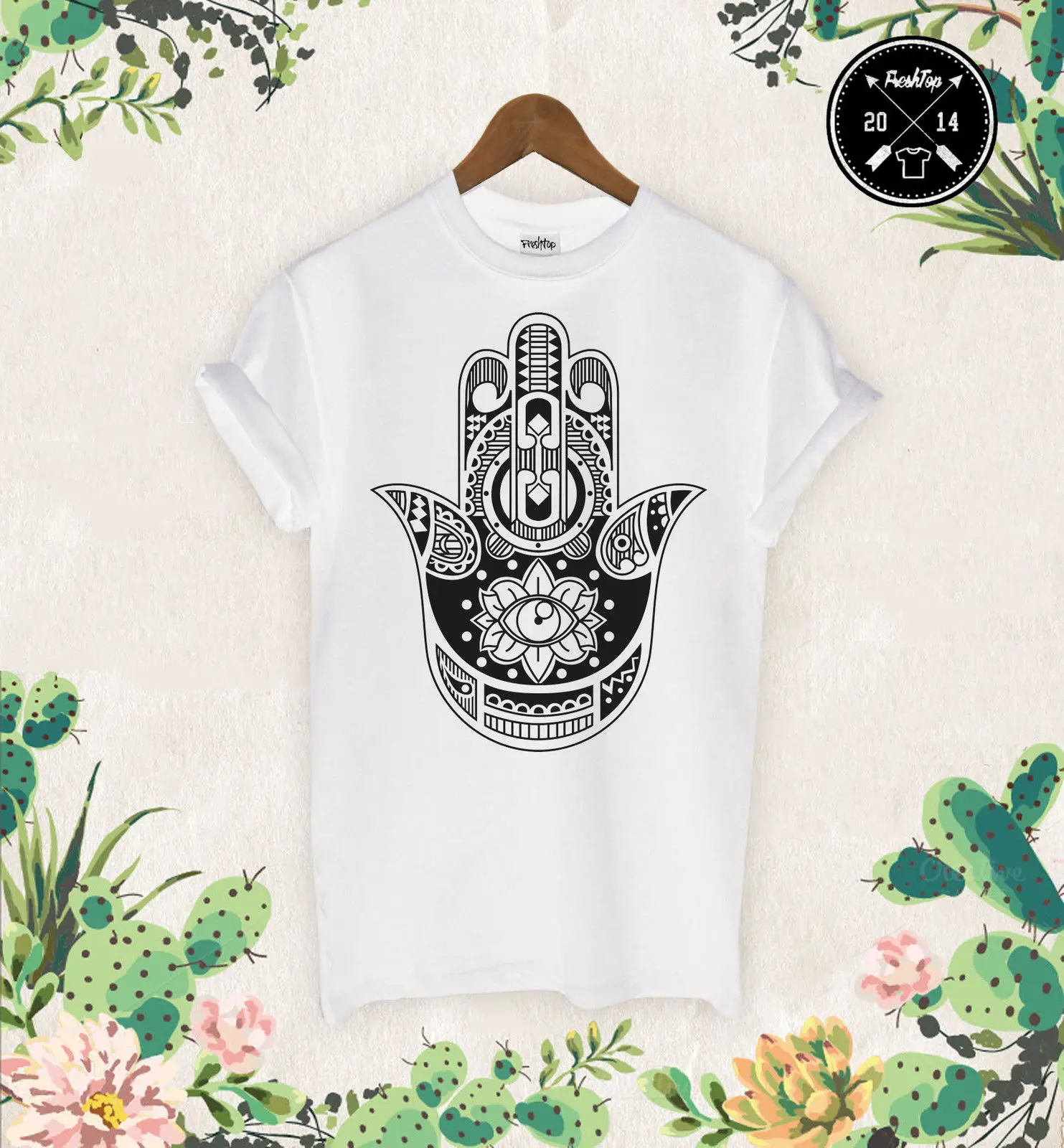 

Hamsa Hand T Shirt Boho Kitsch Khamsa Eye Indi Hindu Festival Krishna Humes Top Cotton T-Shirt Fashion T Shirt Free Shipping