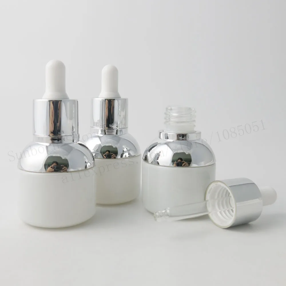

New 12 x 30ml white glass dropper bottle with silver shoulder collar bulb glass bottle empty Refillable Cosmetic Container