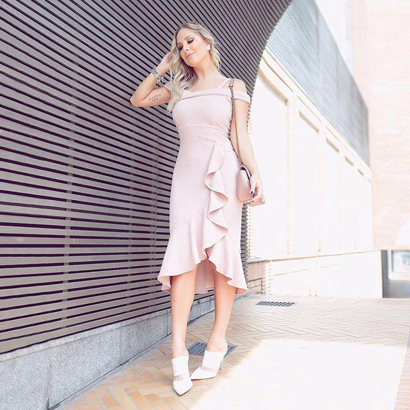 

Elegant Pink Ruffles Midi Bandage Dress High Quality Women Fashion Spahghetti Strapless Boycon Evening Party Dress Dropshipping