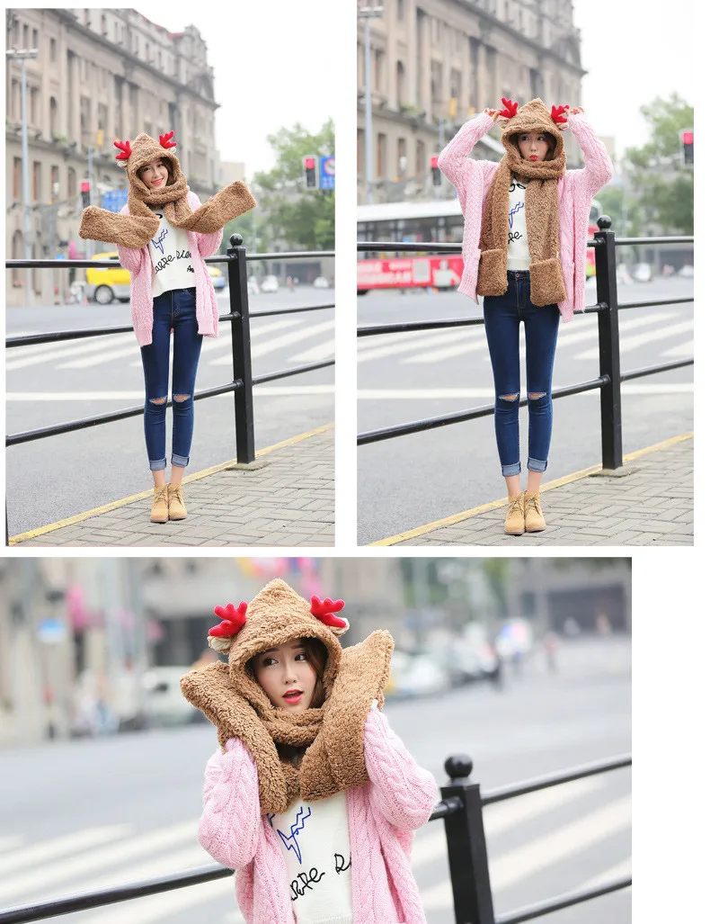 Women New Scarf Gloves Three-Piece Set Fashion Christmas Deer Plush Cartoon Hat Cute Sweet Wild Plus Velvet Scarf SN40 (1)