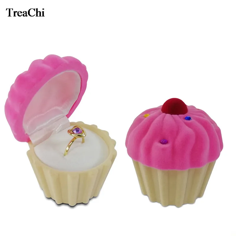 Jewelry Gift Box Cute Velvet Cake Cup Shape Ring Earring Party Birthday