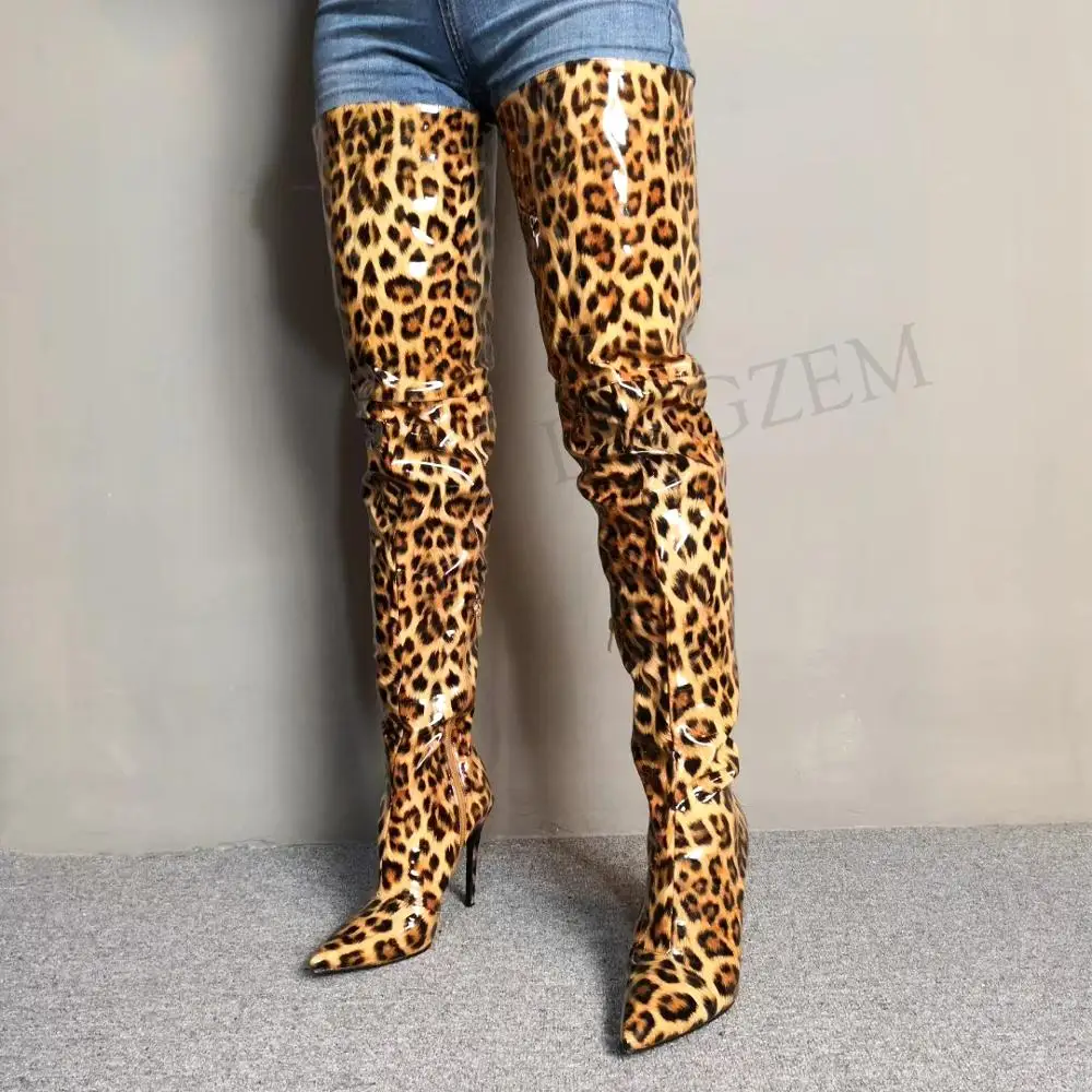 LAIGZEM SEXY Women Over-the-Knee Boots Patent Leopard Stiletto Heels Boots Dropshipping Waterproof Botines Mujer Big Size 4-14 (5)
