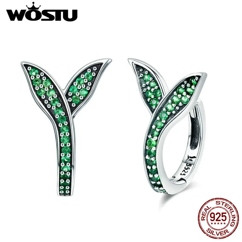Женские серьги пусеты WOSTU из стерлингового серебра 925 пробы с зелеными листьями