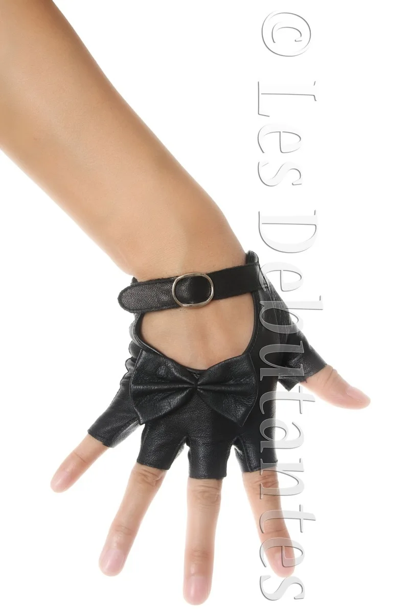 WOMEN'S BLACK FINGERLESS BOW LEATHER GLOVESin Gloves & Mittens from