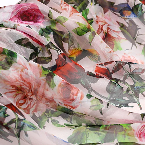 

Sicilian Rose Flowers Birds 100% Mulberry Silk Chiffon Fabric for Woman Summer Dresses Blouse Pants Sewing DIY-AF629