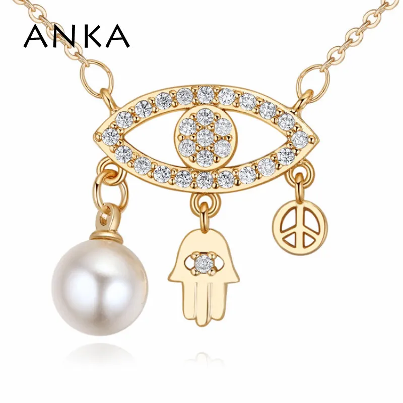 

ANKA luxury ethnic top zircon imitation pearl jewelry necklace hand of fatima anti-war pendant women Indian eye necklace 125263