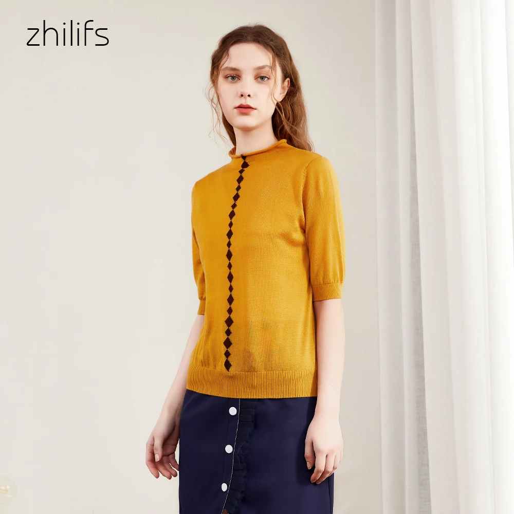 Zhilifs summer new thin female t-shirt patchwork color knitted sweater women shirt fashion O-neck bottoming shirt