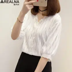 Белая кружевная блузка женская рубашка 2019 Лето корейский стиль три четверти v-образный вырез полые повседневные женские кружевные Топы blusa