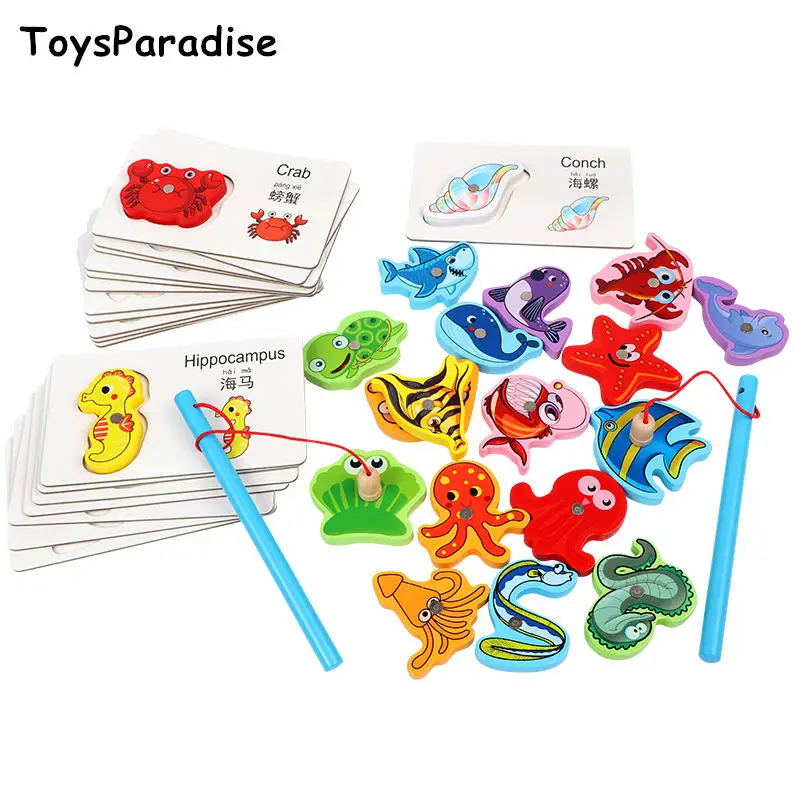 New Baby Toys Ocean 20Pcs Fish Marine Animals Matching Fishing Game Wooden Toys For Kids Montessori Educational Magnetic Puzzles