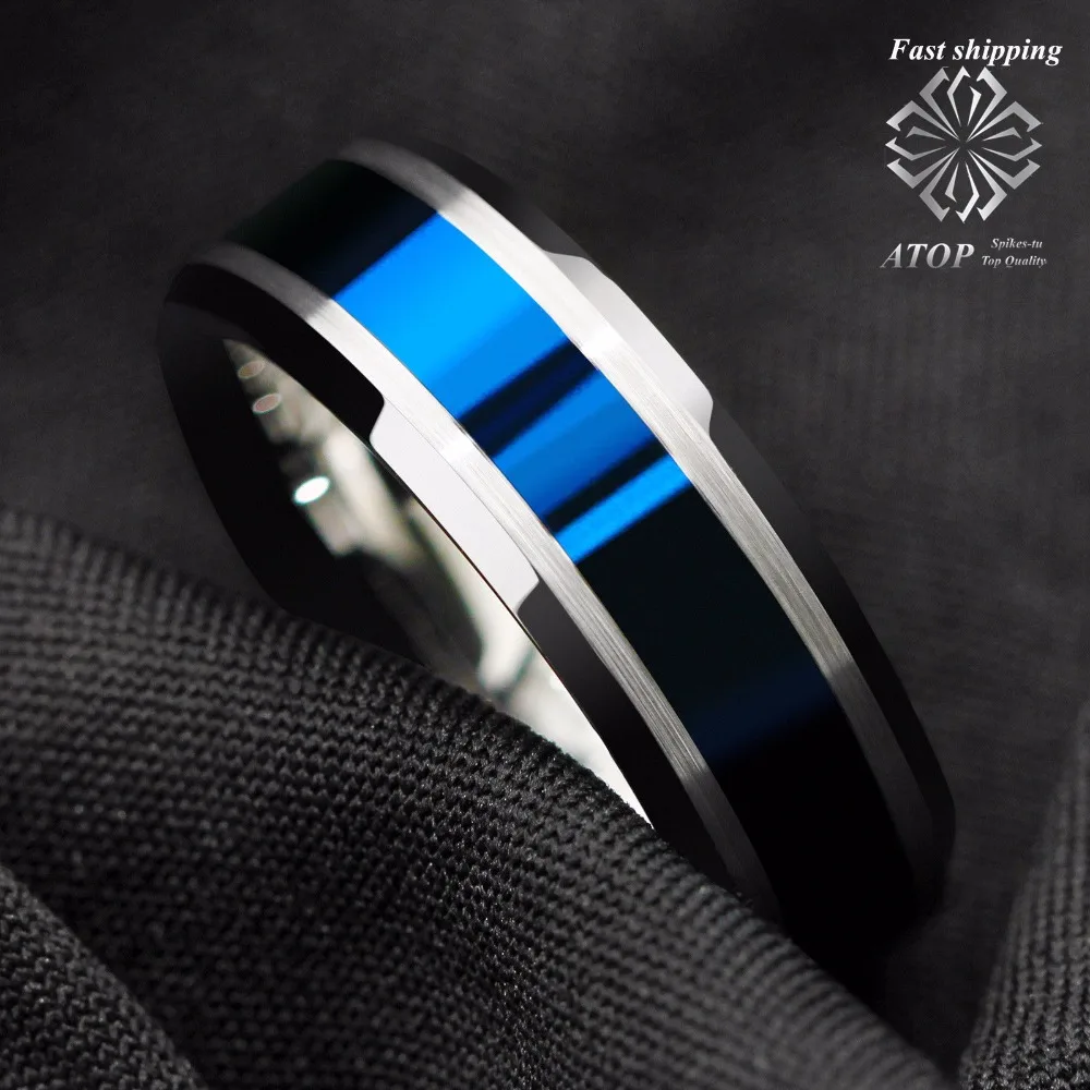 8MM Men's Jewelry Tungsten Carbide Rings Blue Center silver Brushed Edge Rings Free Shipping