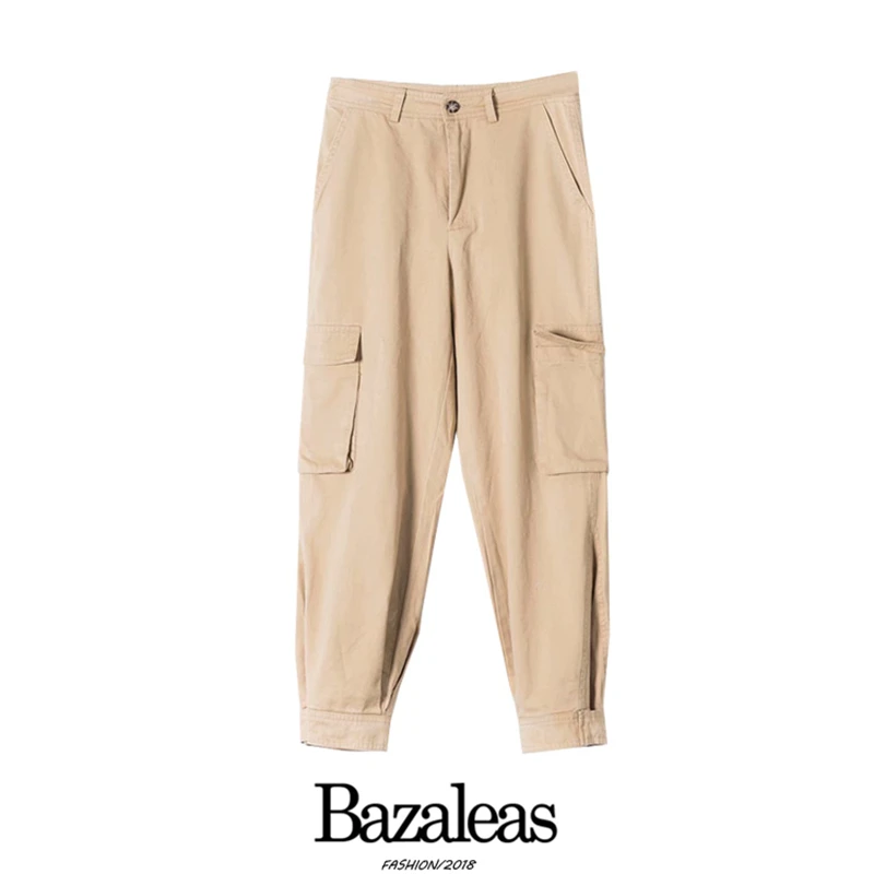 Bazaleas Vintage side Pocket Women Cargo Pants Fashion High Waist women pants harajuku pantalon femme joggers women - Цвет: W1532 Khaki