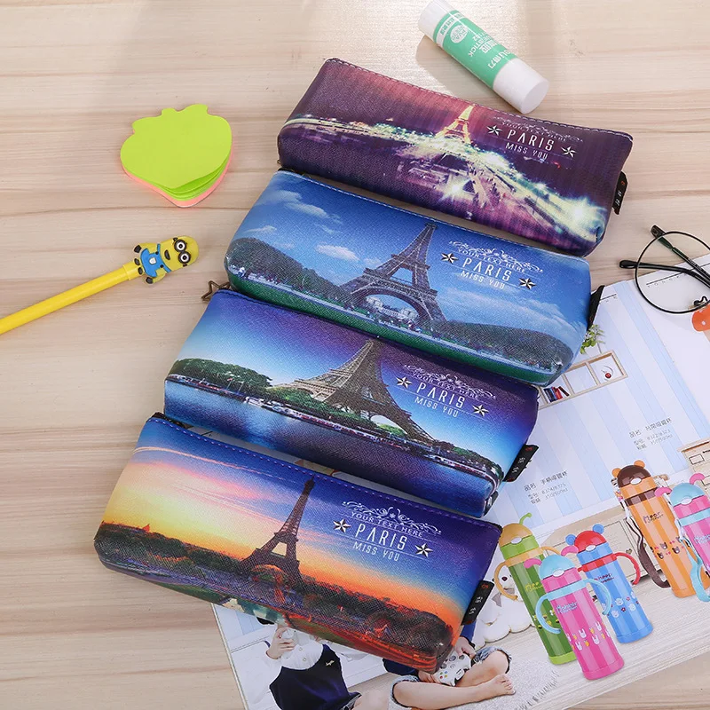 

50pcs Paris Tower Pencil Case Kawaii School Supplies Stationery Waterproof PU Leather Pen Bag For Girls Boys Pencil Box Gift