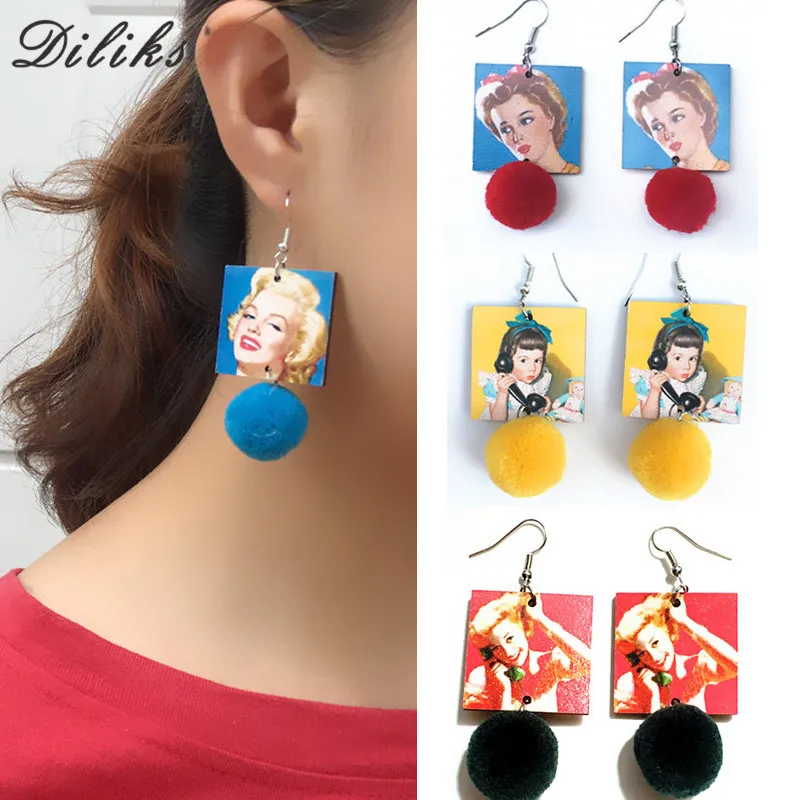 

Diliks Drop Dangle Sexy Marilyn Monroe Cute Cartoon Printing Pompom Earrings For Women Newest Fashion Unique Wooden Earring