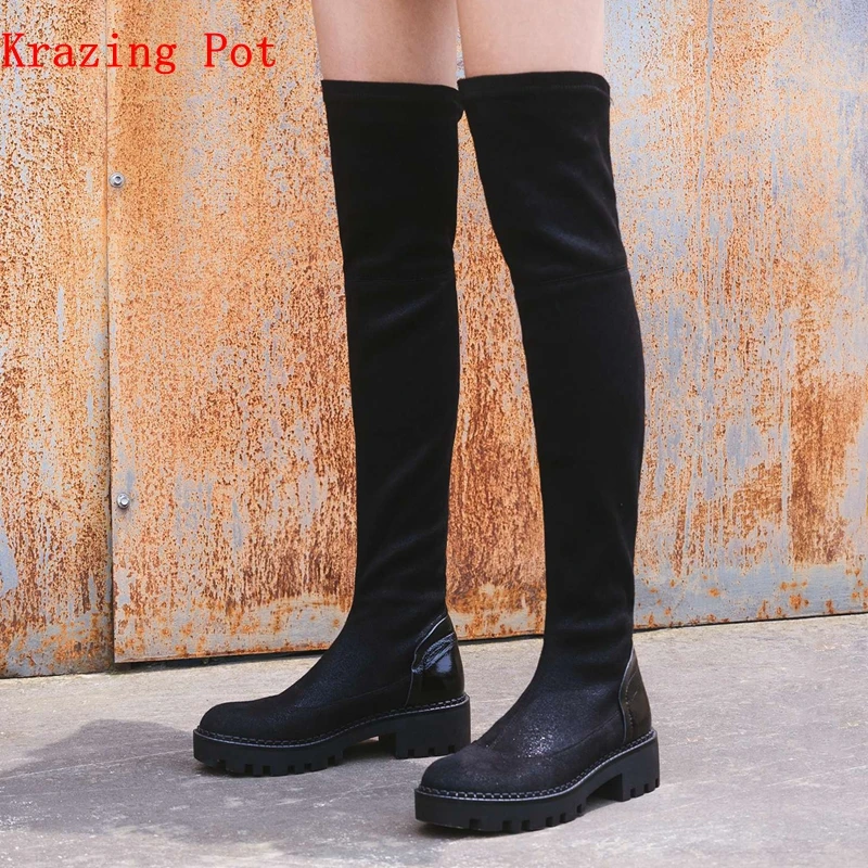 

Krazing Pot lycra flock streetwear platform thigh high stretch boots square heels superstar round toe over-the-knee boots L03