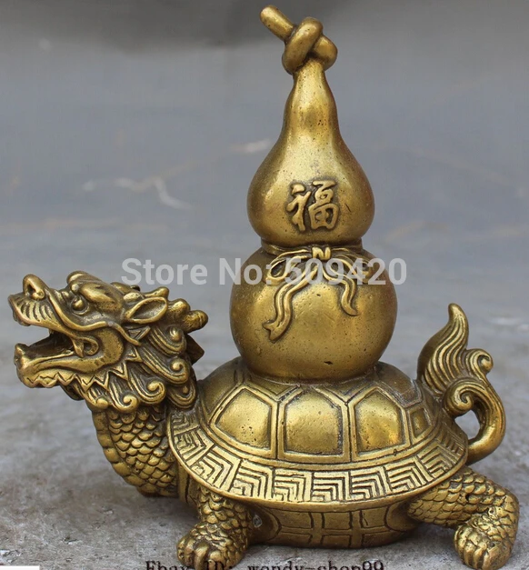 

13CM China Bronze Fengshui Folk Longevity Dragon Tortoise Turtle Calabash Statue