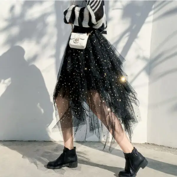 Women's Skirts Summer 2020 New Korean Stars Sequin Elegant High Waist A-line Pleated Elastic Belt School Spring Midi Skirt Femme Black