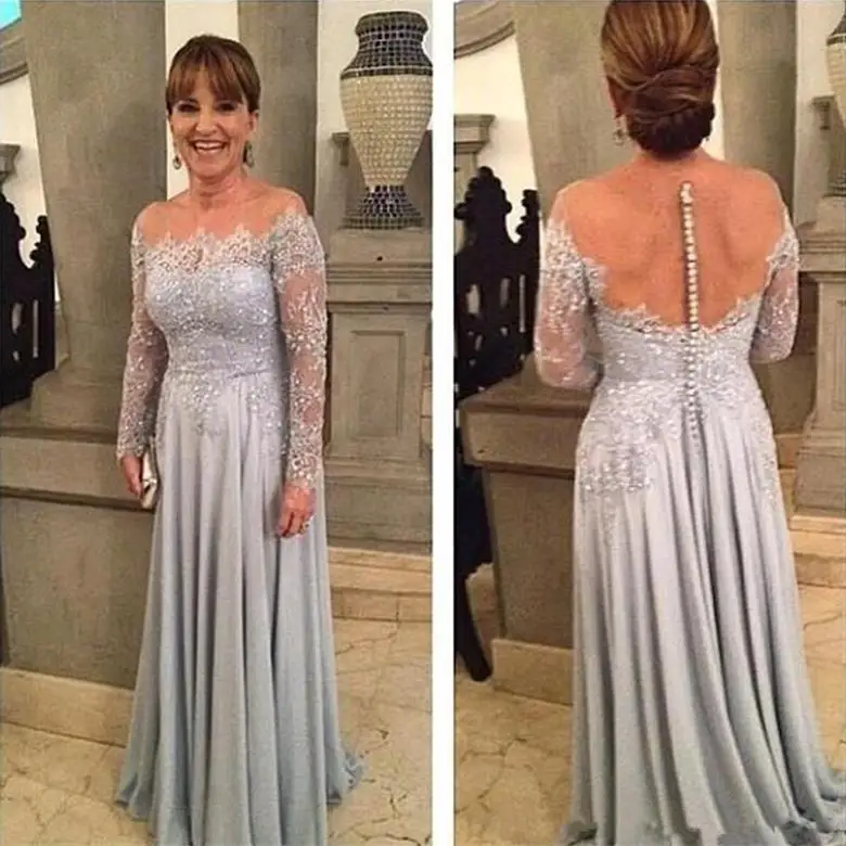 Lange Mouwen Grijs Moeder van De Bruid Jurken voor Bruiloften EEN Line Illusion Hals Chiffon Gelegenheid Jurken voor Vrouwen Lange Mouwen Grijs Moeder van De Bruid Jurken voor Bruiloften EEN Line Illusion Hals Chiffon Gelegenheid Jurken voor Vrouwen