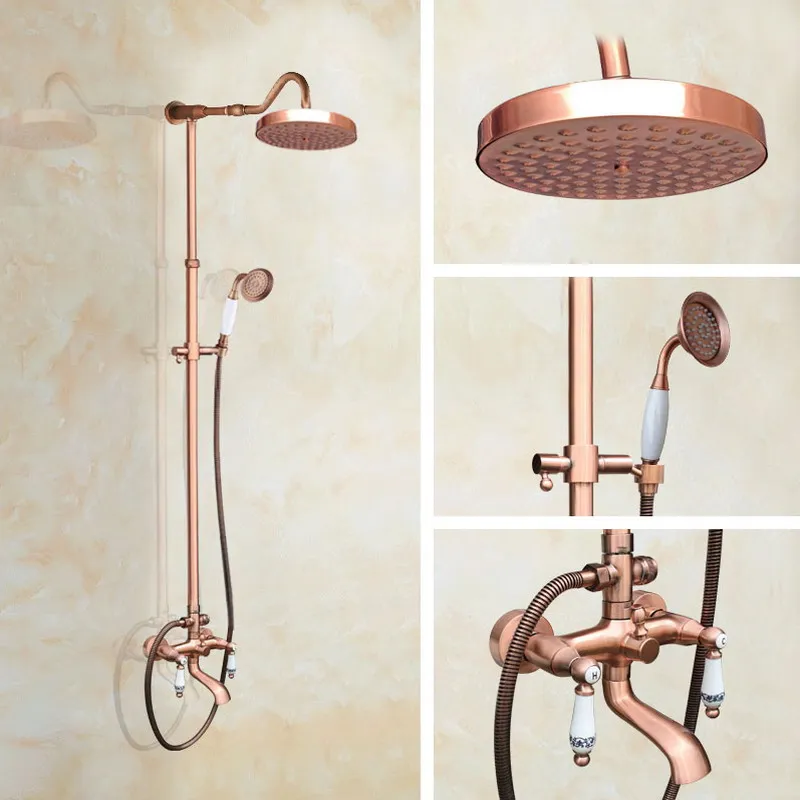 

Red Antique Copper Wall Mounted Bathroom Rain Shower Head Handshower Head Rainfall Shower Faucet Set Bath Tub Mixer Tap arg648