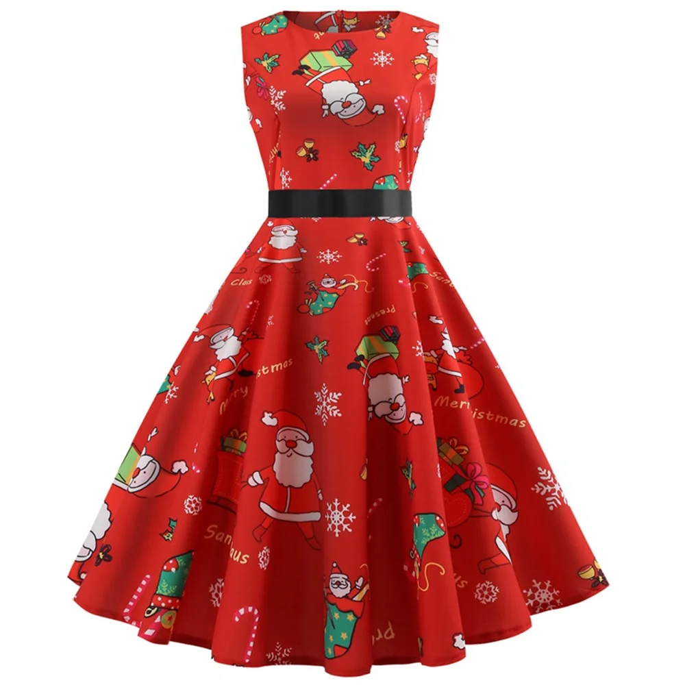 

vintage mamaan style Christmas party new dresses winter basic elegant a-line o-neck sleeve print Christmas female dresses