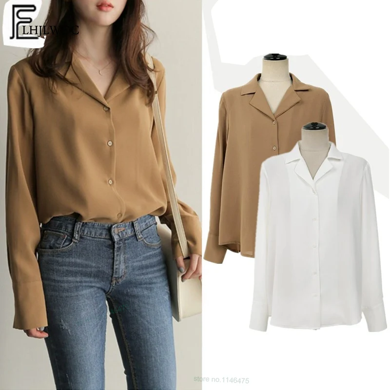 Корейский дизайн, топы, хит, Женская Осенняя Базовая рубашка, блузка с длинным рукавом, милая, для девушек, для офиса, для работы, v-образный вырез, белая рубашка на пуговицах