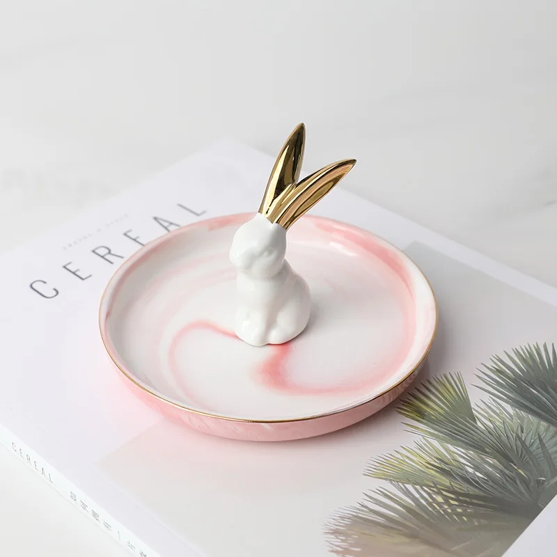 Small Flamingo Unicorn Pineapple Decorative Dish Plate Porcelain Jewelry Dish Necklace Ring Tray Storage Trinket Vanity Dish - Цвет: pink whtie rabbit